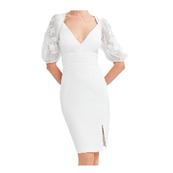 BCBGMaxazria Off-White Cocktail Dress Embroidered Sleeves 2 NWT - Picture 1 of 2